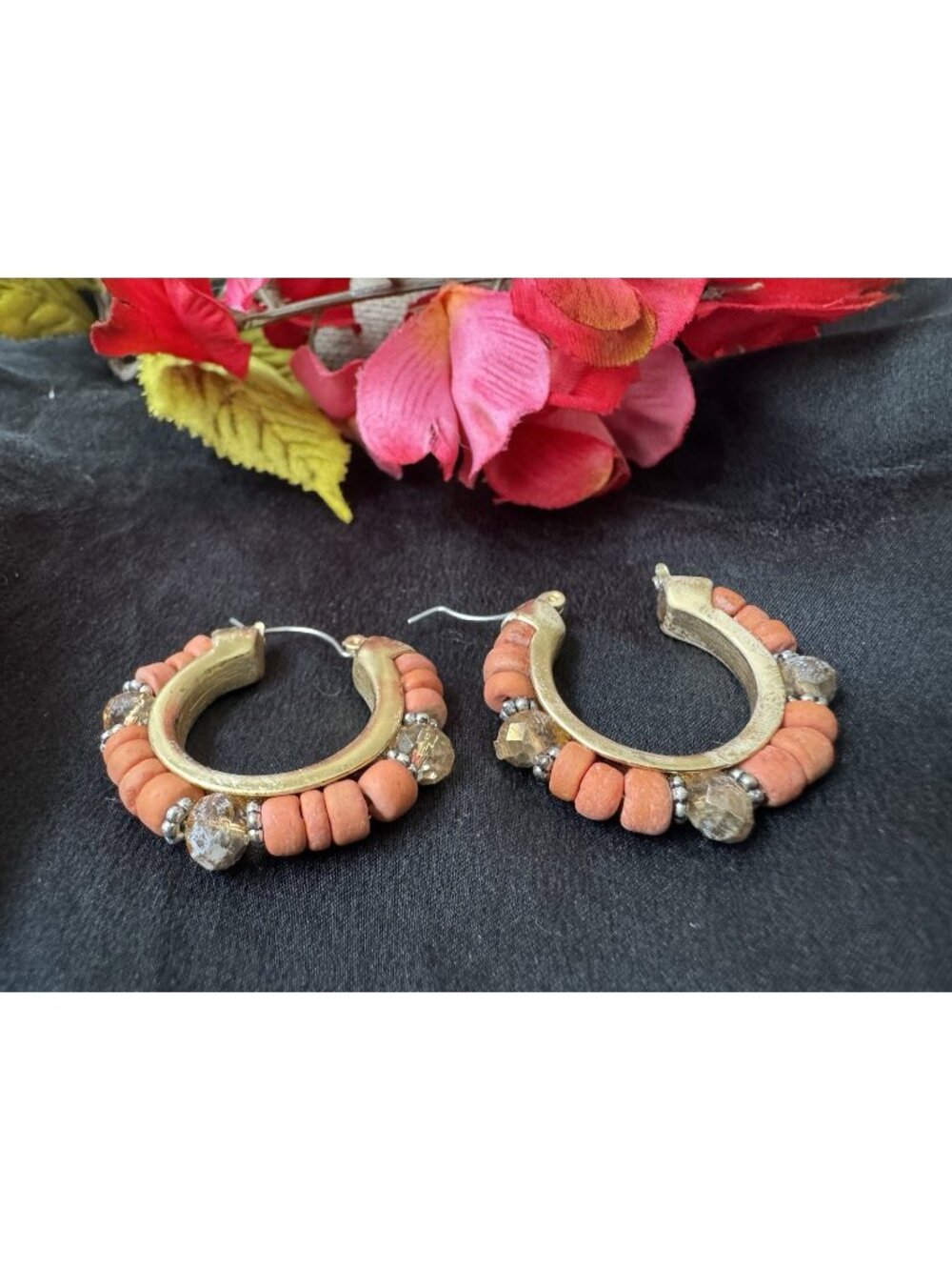 Chico's Earrings Goldtone Orange Bead Bling Hoop Drop Dangle Snap Back 1.3" NEW